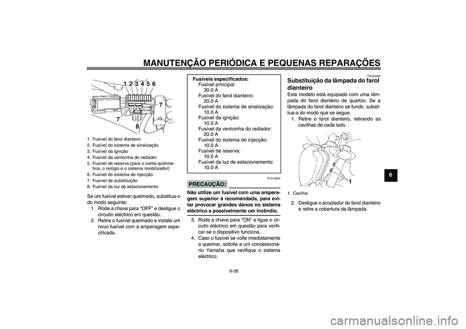 YAMAHA FZ6 N 2006 Manual de utilização (in Portuguese) MANUTENÇÃO PERIÓDICA E PEQUENAS REPARAÇÕES
6-28
6
Se um fusível estiver queimado, substitua-o
do modo seguinte:
1. Rode a chave para “OFF” e desligue o
circuito eléctrico em questão.
2. Re YAMAHA FZ6 N 2006 Manual de utilização (in Portuguese) MANUTENÇÃO PERIÓDICA E PEQUENAS REPARAÇÕES
6-28
6
Se um fusível estiver queimado, substitua-o
do modo seguinte:
1. Rode a chave para “OFF” e desligue o
circuito eléctrico em questão.
2. Re