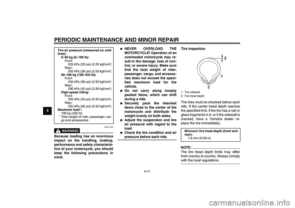 YAMAHA FZ6 N 2005 Owners Manual PERIODIC MAINTENANCE AND MINOR REPAIR
6-14
6
WARNING
EWA11020
Because loading has an enormous
impact on the handling, braking,
performance and safety characteris-
tics of your motorcycle, you should
k YAMAHA FZ6 N 2005 Owners Manual PERIODIC MAINTENANCE AND MINOR REPAIR
6-14
6
WARNING
EWA11020
Because loading has an enormous
impact on the handling, braking,
performance and safety characteris-
tics of your motorcycle, you should
k