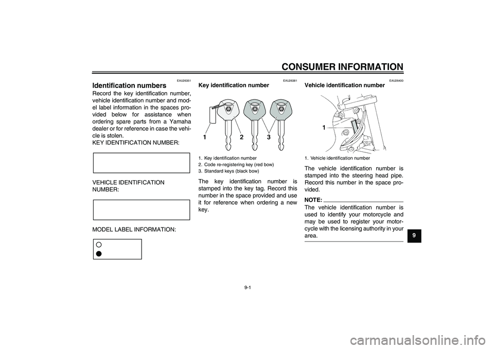 YAMAHA FZ6 N 2005 Owners Manual CONSUMER INFORMATION
9-1
9
EAU26351
Identification numbers Record the key identification number,
vehicle identification number and mod-
el label information in the spaces pro-
vided below for assistan YAMAHA FZ6 N 2005 Owners Manual CONSUMER INFORMATION
9-1
9
EAU26351
Identification numbers Record the key identification number,
vehicle identification number and mod-
el label information in the spaces pro-
vided below for assistan