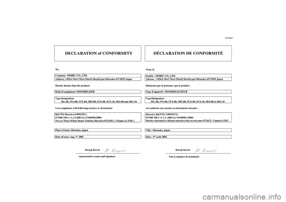 YAMAHA FZ6 N 2005 Notices Demploi (in French) FAU26941
DECLARATION of CONFORMITY
We
Hereby declare that the product:
is in compliance with following norm(s) or documents: Type-designation:
5SL-00, 5VS-00, 5VX-00, 3HT-00, 5UX-00, 5UX-10, YAMAHA FZ6 N 2005 Notices Demploi (in French) FAU26941
DECLARATION of CONFORMITY
We
Hereby declare that the product:
is in compliance with following norm(s) or documents: Type-designation:
5SL-00, 5VS-00, 5VX-00, 3HT-00, 5UX-00, 5UX-10,