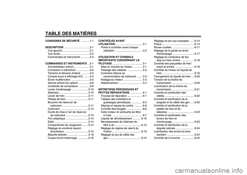 YAMAHA FZ6 N 2005 Notices Demploi (in French) TABLE DES MATIÈRESCONSIGNES DE SÉCURITÉ ............1-1
DESCRIPTION ..................................2-1
Vue gauche .....................................2-1
Vue droite ............................ YAMAHA FZ6 N 2005 Notices Demploi (in French) TABLE DES MATIÈRESCONSIGNES DE SÉCURITÉ ............1-1
DESCRIPTION ..................................2-1
Vue gauche .....................................2-1
Vue droite ............................