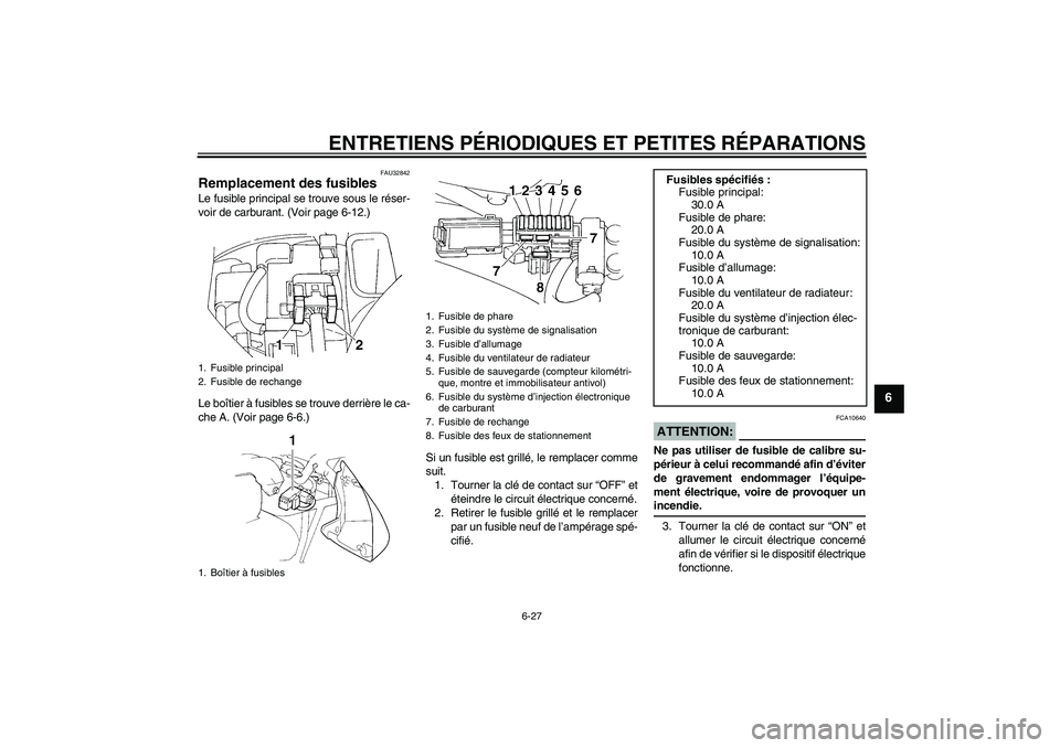 YAMAHA FZ6 N 2005 Notices Demploi (in French) ENTRETIENS PÉRIODIQUES ET PETITES RÉPARATIONS
6-27
6
FAU32842
Remplacement des fusibles Le fusible principal se trouve sous le réser-
voir de carburant. (Voir page 6-12.)
Le boîtier à fusibles se YAMAHA FZ6 N 2005 Notices Demploi (in French) ENTRETIENS PÉRIODIQUES ET PETITES RÉPARATIONS
6-27
6
FAU32842
Remplacement des fusibles Le fusible principal se trouve sous le réser-
voir de carburant. (Voir page 6-12.)
Le boîtier à fusibles se
