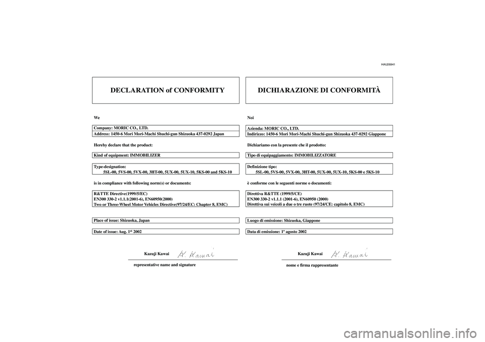 YAMAHA FZ6 N 2005 Manuale duso (in Italian) HAU26941
DECLARATION of CONFORMITY
We
Hereby declare that the product:
is in compliance with following norm(s) or documents: Type-designation:
5SL-00, 5VS-00, 5VX-00, 3HT-00, 5UX-00, 5UX-10, YAMAHA FZ6 N 2005 Manuale duso (in Italian) HAU26941
DECLARATION of CONFORMITY
We
Hereby declare that the product:
is in compliance with following norm(s) or documents: Type-designation:
5SL-00, 5VS-00, 5VX-00, 3HT-00, 5UX-00, 5UX-10,