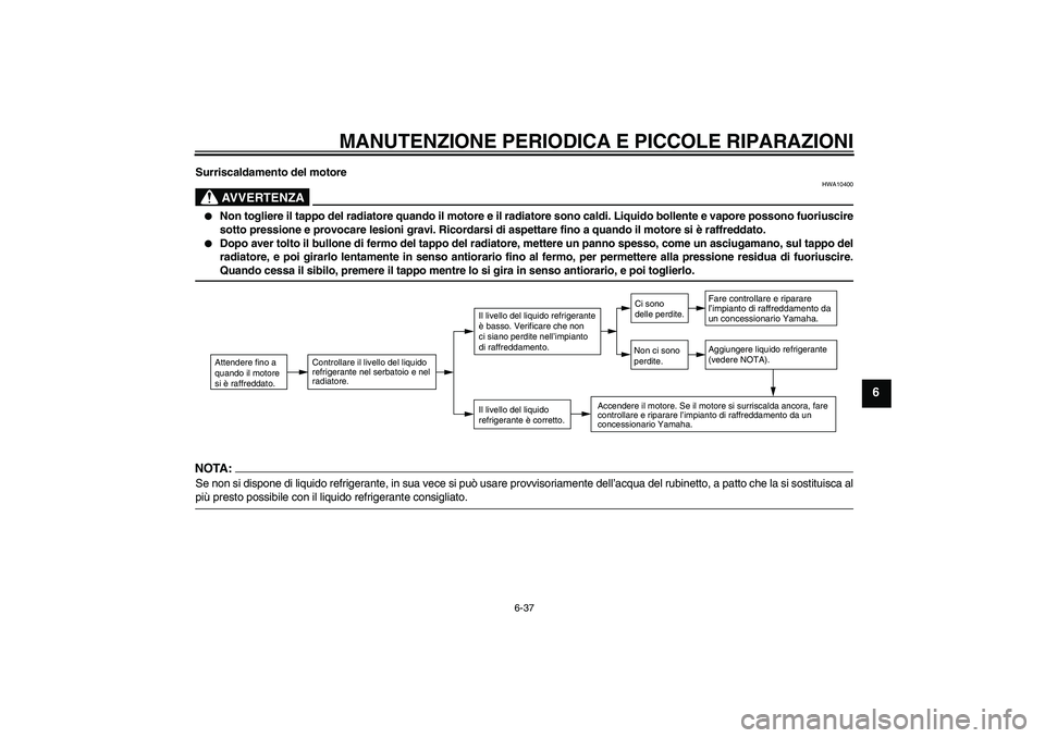 YAMAHA FZ6 N 2005 Manuale duso (in Italian) MANUTENZIONE PERIODICA E PICCOLE RIPARAZIONI
6-37
6
Surriscaldamento del motore
AVVERTENZA
HWA10400
Non togliere il tappo del radiatore quando il motore e il radiatore sono caldi. Liquido bollente e YAMAHA FZ6 N 2005 Manuale duso (in Italian) MANUTENZIONE PERIODICA E PICCOLE RIPARAZIONI
6-37
6
Surriscaldamento del motore
AVVERTENZA
HWA10400
Non togliere il tappo del radiatore quando il motore e il radiatore sono caldi. Liquido bollente e