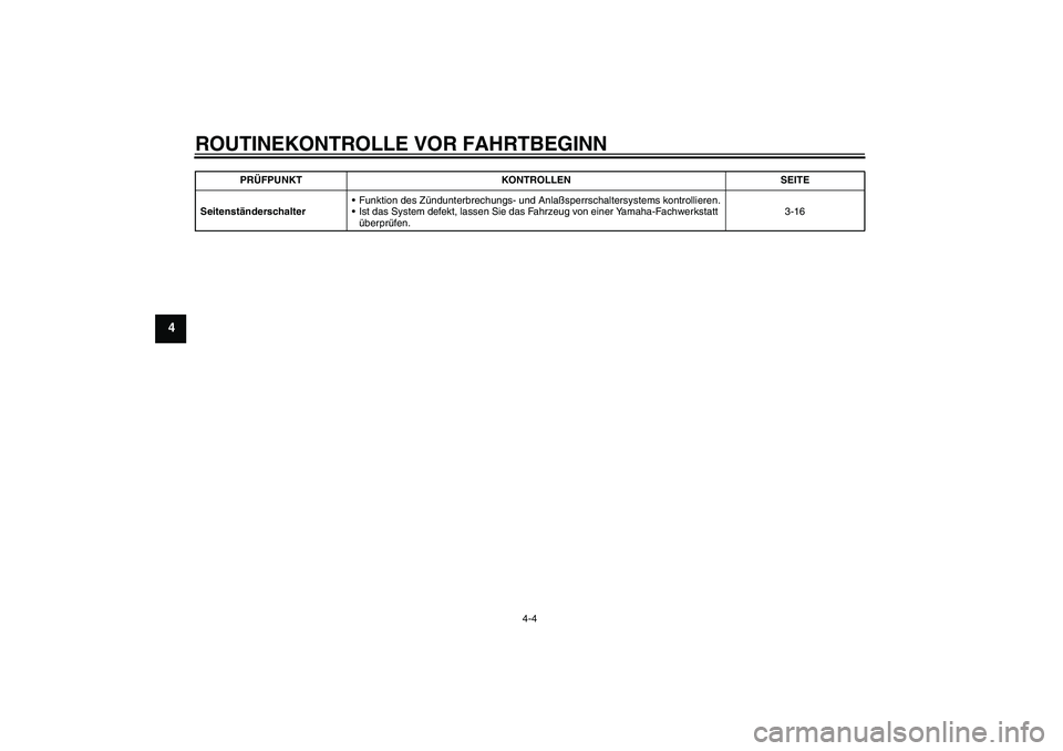 YAMAHA FZ6 N 2004  Betriebsanleitungen (in German) ROUTINEKONTROLLE VOR FAHRTBEGINN
4-4
4
SeitenständerschalterFunktion des Zündunterbrechungs- und Anlaßsperrschaltersystems kontrollieren.
Ist das System defekt, lassen Sie das Fahrzeug von einer 