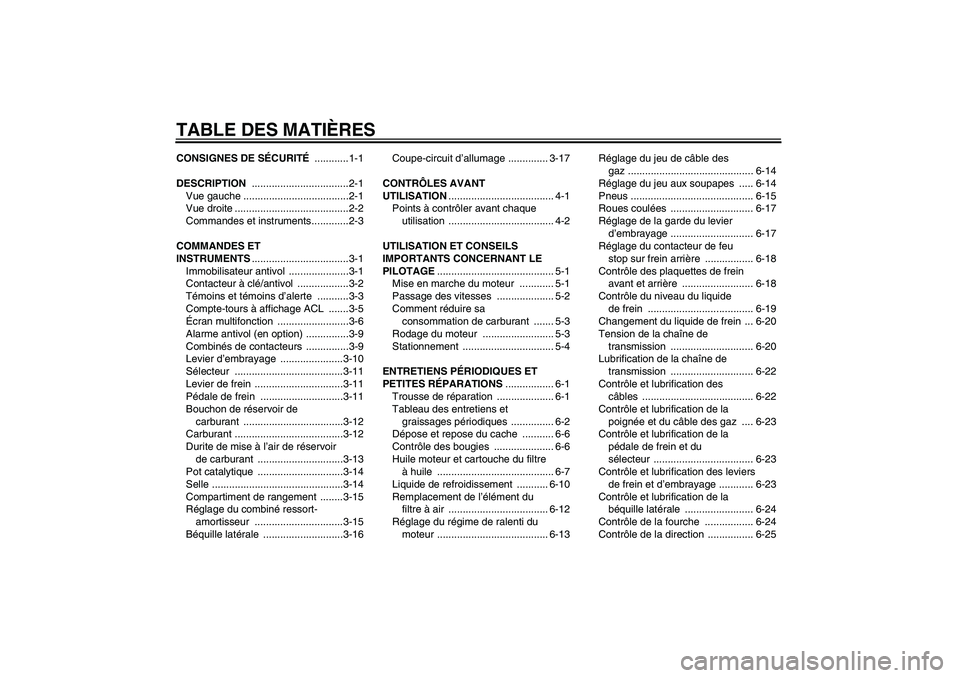 YAMAHA FZ6 N 2004 Notices Demploi (in French) TABLE DES MATIÈRESCONSIGNES DE SÉCURITÉ ............1-1
DESCRIPTION ..................................2-1
Vue gauche .....................................2-1
Vue droite ............................ YAMAHA FZ6 N 2004 Notices Demploi (in French) TABLE DES MATIÈRESCONSIGNES DE SÉCURITÉ ............1-1
DESCRIPTION ..................................2-1
Vue gauche .....................................2-1
Vue droite ............................