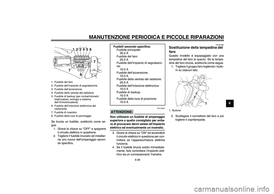 YAMAHA FZ6 N 2004 Manuale duso (in Italian) MANUTENZIONE PERIODICA E PICCOLE RIPARAZIONI
6-28
6
Se brucia un fusibile, sostituirlo come se-
gue.
1. Girare la chiave su “OFF” e spegnere
il circuito elettrico in questione.
2. Togliere il fusi YAMAHA FZ6 N 2004 Manuale duso (in Italian) MANUTENZIONE PERIODICA E PICCOLE RIPARAZIONI
6-28
6
Se brucia un fusibile, sostituirlo come se-
gue.
1. Girare la chiave su “OFF” e spegnere
il circuito elettrico in questione.
2. Togliere il fusi