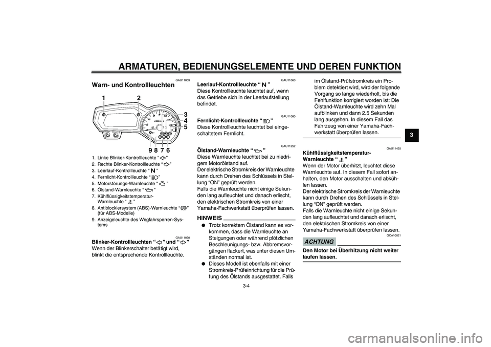 YAMAHA FZ6 NHG 2009 Betriebsanleitungen (in German) ARMATUREN, BEDIENUNGSELEMENTE UND DEREN FUNKTION
3-4
3
GAU11003
Warn- und Kontrollleuchten
GAU11030
Blinker-Kontrollleuchten“” und“”
Wenn der Blinkerschalter betätigt wird,
blinkt die ents YAMAHA FZ6 NHG 2009 Betriebsanleitungen (in German) ARMATUREN, BEDIENUNGSELEMENTE UND DEREN FUNKTION
3-4
3
GAU11003
Warn- und Kontrollleuchten
GAU11030
Blinker-Kontrollleuchten“” und“”
Wenn der Blinkerschalter betätigt wird,
blinkt die ents