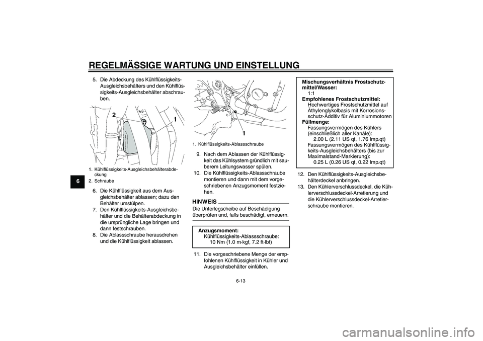 YAMAHA FZ6 NHG 2009 Betriebsanleitungen (in German) REGELMÄSSIGE WARTUNG UND EINSTELLUNG
6-13
6
5. Die Abdeckung des Kühlflüssigkeits-
Ausgleichsbehälters und den Kühlflüs-
sigkeits-Ausgleichsbehälter abschrau-
ben.
6. Die Kühlflüssigkeit aus YAMAHA FZ6 NHG 2009 Betriebsanleitungen (in German) REGELMÄSSIGE WARTUNG UND EINSTELLUNG
6-13
6
5. Die Abdeckung des Kühlflüssigkeits-
Ausgleichsbehälters und den Kühlflüs-
sigkeits-Ausgleichsbehälter abschrau-
ben.
6. Die Kühlflüssigkeit aus