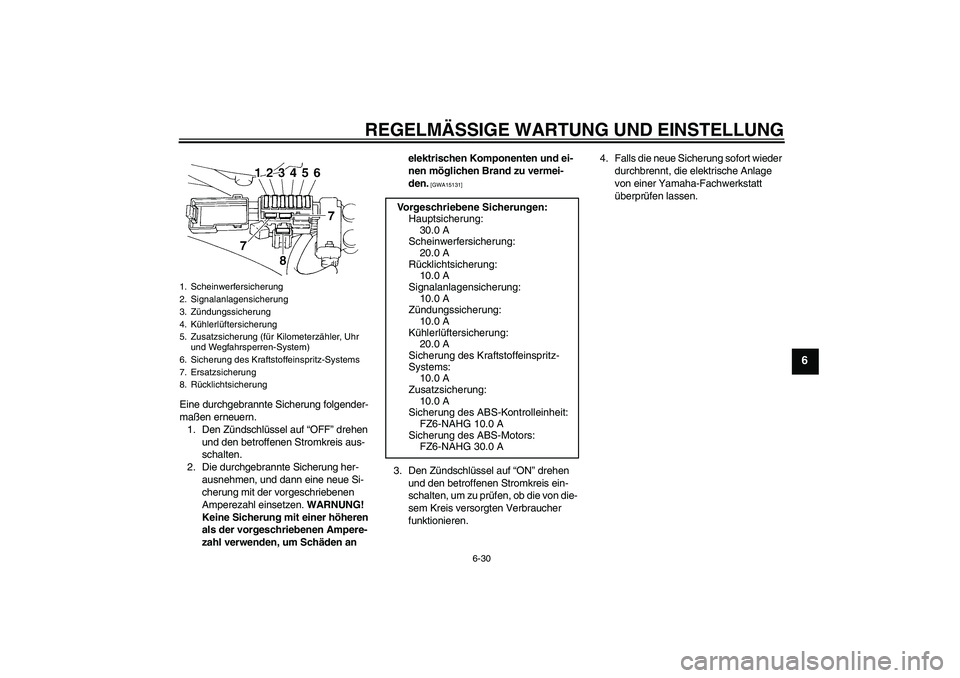 YAMAHA FZ6 NHG 2009 Betriebsanleitungen (in German) REGELMÄSSIGE WARTUNG UND EINSTELLUNG
6-30
6
Eine durchgebrannte Sicherung folgender-
maßen erneuern.
1. Den Zündschlüssel auf “OFF” drehen
und den betroffenen Stromkreis aus-
schalten.
2. Die YAMAHA FZ6 NHG 2009 Betriebsanleitungen (in German) REGELMÄSSIGE WARTUNG UND EINSTELLUNG
6-30
6
Eine durchgebrannte Sicherung folgender-
maßen erneuern.
1. Den Zündschlüssel auf “OFF” drehen
und den betroffenen Stromkreis aus-
schalten.
2. Die