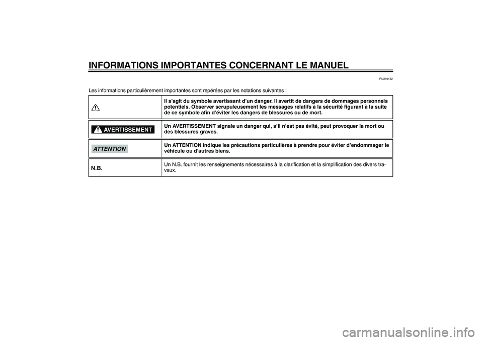 YAMAHA FZ6 NHG 2009  Notices Demploi (in French) INFORMATIONS IMPORTANTES CONCERNANT LE MANUEL
FAU10132
Les informations particulièrement importantes sont repérées par les notations suivantes :
Il s’agit du symbole avertissant d’un danger. Il