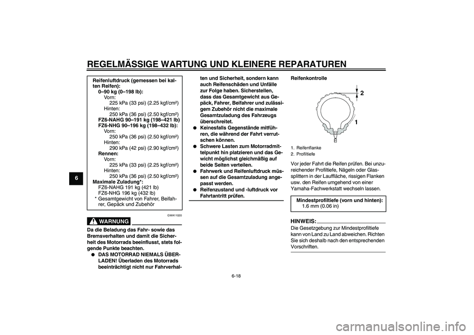 YAMAHA FZ6 NHG 2008 Betriebsanleitungen (in German) REGELMÄSSIGE WARTUNG UND KLEINERE REPARATUREN
6-18
6
WARNUNG
GWA11020
Da die Beladung das Fahr- sowie das
Bremsverhalten und damit die Sicher-
heit des Motorrads beeinflusst, stets fol-
gende Punkte YAMAHA FZ6 NHG 2008 Betriebsanleitungen (in German) REGELMÄSSIGE WARTUNG UND KLEINERE REPARATUREN
6-18
6
WARNUNG
GWA11020
Da die Beladung das Fahr- sowie das
Bremsverhalten und damit die Sicher-
heit des Motorrads beeinflusst, stets fol-
gende Punkte