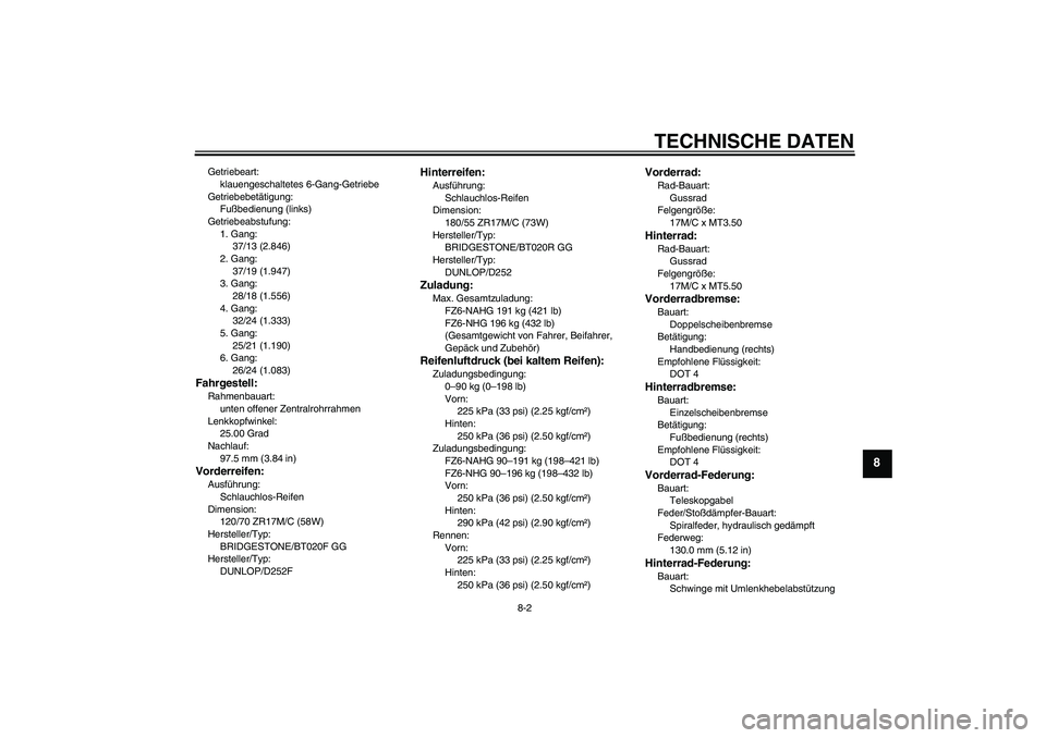 YAMAHA FZ6 NHG 2008 Betriebsanleitungen (in German) TECHNISCHE DATEN
8-2
8
Getriebeart:
klauengeschaltetes 6-Gang-Getriebe
Getriebebetätigung:
Fußbedienung (links)
Getriebeabstufung:
1. Gang:
37/13 (2.846)
2. Gang:
37/19 (1.947)
3. Gang:
28/18 (1.556 YAMAHA FZ6 NHG 2008 Betriebsanleitungen (in German) TECHNISCHE DATEN
8-2
8
Getriebeart:
klauengeschaltetes 6-Gang-Getriebe
Getriebebetätigung:
Fußbedienung (links)
Getriebeabstufung:
1. Gang:
37/13 (2.846)
2. Gang:
37/19 (1.947)
3. Gang:
28/18 (1.556