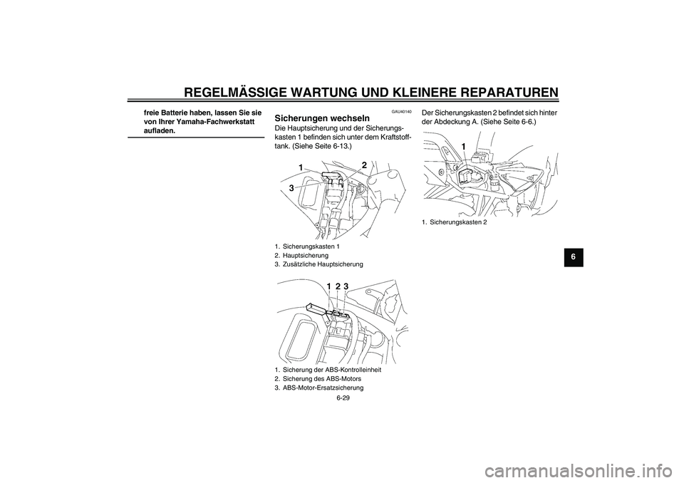 YAMAHA FZ6 NHG 2007  Betriebsanleitungen (in German) REGELMÄSSIGE WARTUNG UND KLEINERE REPARATUREN
6-29
6
freie Batterie haben, lassen Sie sie 
von Ihrer Yamaha-Fachwerkstatt aufladen.
GAU40140
Sicherungen wechseln Die Hauptsicherung und der Sicherungs
