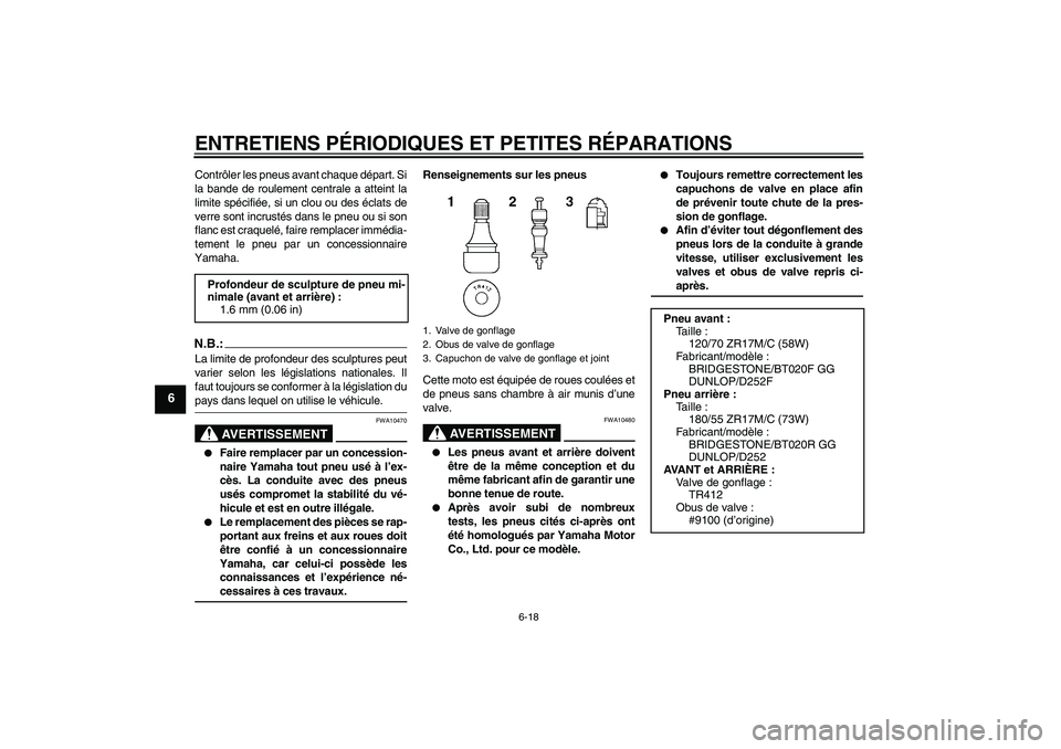 YAMAHA FZ6 NHG 2007 Notices Demploi (in French) ENTRETIENS PÉRIODIQUES ET PETITES RÉPARATIONS
6-18
6
Contrôler les pneus avant chaque départ. Si
la bande de roulement centrale a atteint la
limite spécifiée, si un clou ou des éclats de
verre YAMAHA FZ6 NHG 2007 Notices Demploi (in French) ENTRETIENS PÉRIODIQUES ET PETITES RÉPARATIONS
6-18
6
Contrôler les pneus avant chaque départ. Si
la bande de roulement centrale a atteint la
limite spécifiée, si un clou ou des éclats de
verre