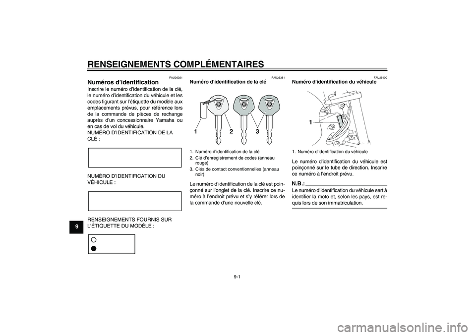 YAMAHA FZ6 NHG 2007 Notices Demploi (in French) RENSEIGNEMENTS COMPLÉMENTAIRES
9-1
9
FAU26351
Numéros d’identification Inscrire le numéro d’identification de la clé,
le numéro d’identification du véhicule et les
codes figurant sur l’ YAMAHA FZ6 NHG 2007 Notices Demploi (in French) RENSEIGNEMENTS COMPLÉMENTAIRES
9-1
9
FAU26351
Numéros d’identification Inscrire le numéro d’identification de la clé,
le numéro d’identification du véhicule et les
codes figurant sur l’