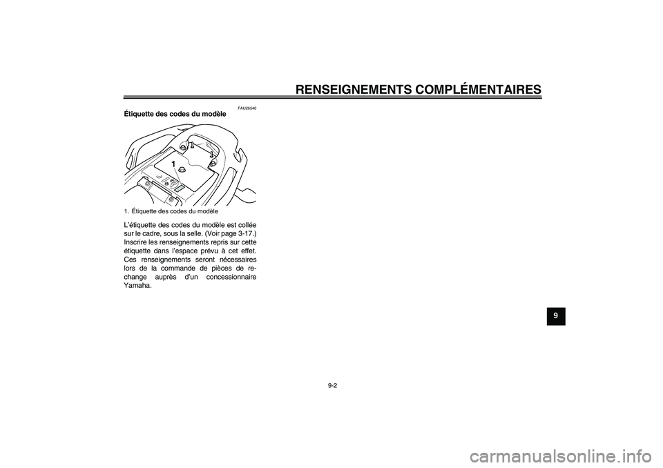 YAMAHA FZ6 NHG 2007  Notices Demploi (in French) RENSEIGNEMENTS COMPLÉMENTAIRES
9-2
9
FAU26540
Étiquette des codes du modèle 
L’étiquette des codes du modèle est collée
sur le cadre, sous la selle. (Voir page 3-17.)
Inscrire les renseignemen