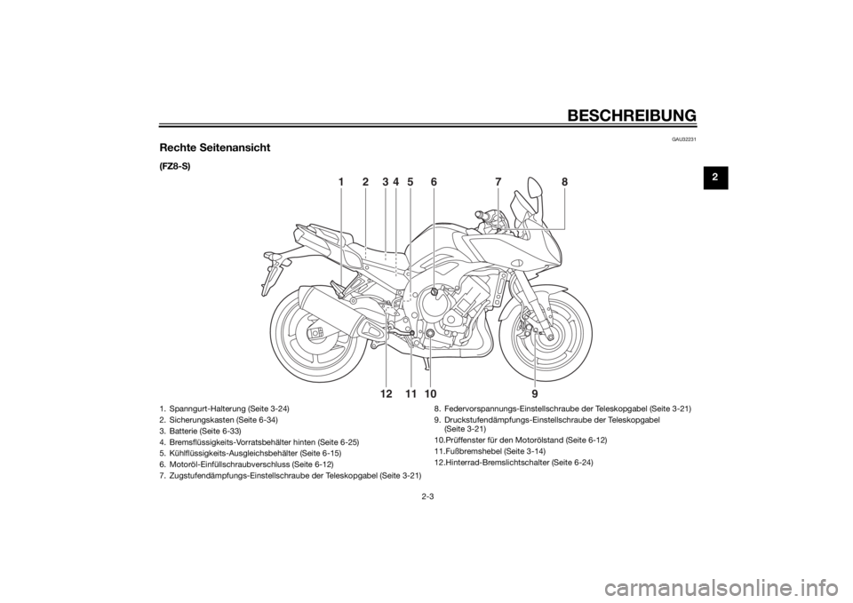 YAMAHA FZ8 S 2012  Betriebsanleitungen (in German) BESCHREIBUNG
2-3
2
GAU32231
Rechte  Seitenansicht(FZ8- S)
10
12 11
23 5
46
1
9
8
7
1. Spanngurt-Halterung (Seite 3-24)
2. Sicherungskasten (Seite 6-34)
3. Batterie (Seite 6-33)
4. Bremsflüssigkeits-V