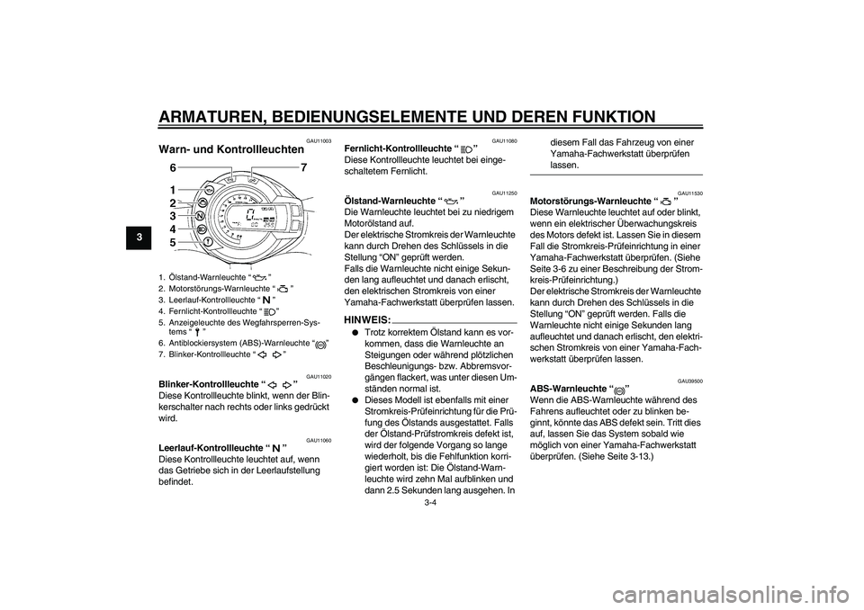 YAMAHA FZ6 S 2007 Betriebsanleitungen (in German) ARMATUREN, BEDIENUNGSELEMENTE UND DEREN FUNKTION
3-4
3
GAU11003
Warn- und Kontrollleuchten
GAU11020
Blinker-Kontrollleuchte “”
Diese Kontrollleuchte blinkt, wenn der Blin-
kerschalter nach recht YAMAHA FZ6 S 2007 Betriebsanleitungen (in German) ARMATUREN, BEDIENUNGSELEMENTE UND DEREN FUNKTION
3-4
3
GAU11003
Warn- und Kontrollleuchten
GAU11020
Blinker-Kontrollleuchte “”
Diese Kontrollleuchte blinkt, wenn der Blin-
kerschalter nach recht