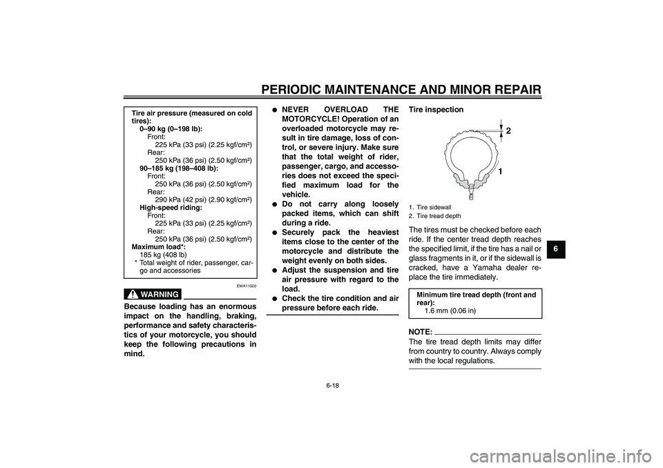 YAMAHA FZ6 S 2006 Owners Manual PERIODIC MAINTENANCE AND MINOR REPAIR
6-18
6
WARNING
EWA11020
Because loading has an enormous
impact on the handling, braking,
performance and safety characteris-
tics of your motorcycle, you should
k YAMAHA FZ6 S 2006 Owners Manual PERIODIC MAINTENANCE AND MINOR REPAIR
6-18
6
WARNING
EWA11020
Because loading has an enormous
impact on the handling, braking,
performance and safety characteris-
tics of your motorcycle, you should
k