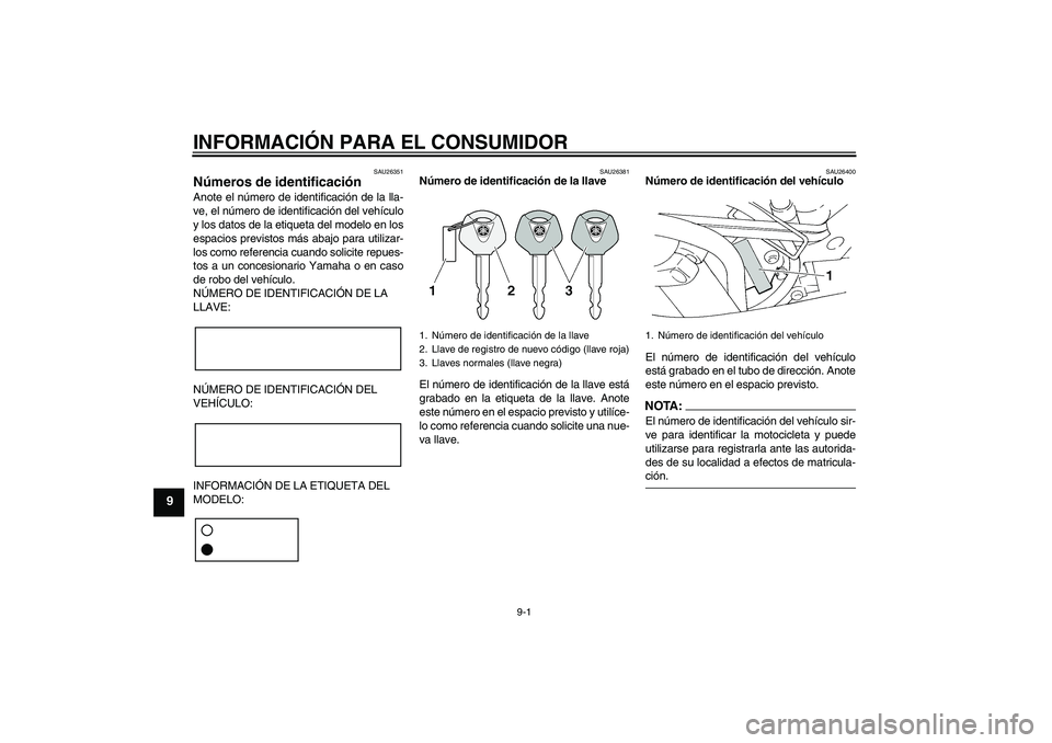 YAMAHA FZ6 S 2006  Manuale de Empleo (in Spanish) INFORMACIÓN PARA EL CONSUMIDOR
9-1
9
SAU26351
Números de identificación Anote el número de identificación de la lla-
ve, el número de identificación del vehículo
y los datos de la etiqueta del