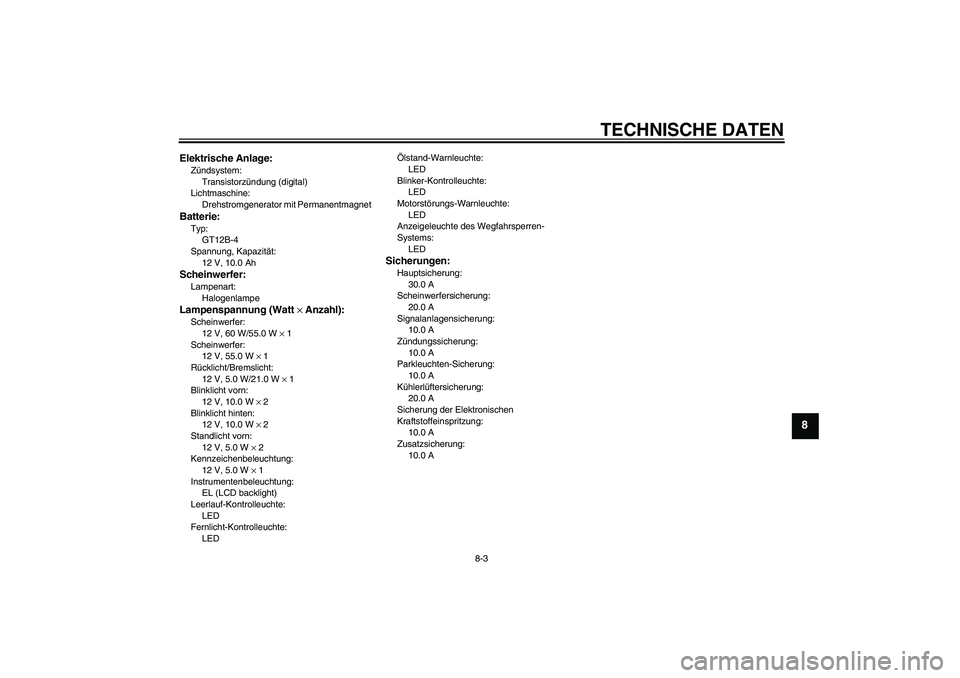 YAMAHA FZ6 S 2005 Betriebsanleitungen (in German) TECHNISCHE DATEN
8-3
8
Elektrische Anlage:Zündsystem:
Transistorzündung (digital)
Lichtmaschine:
Drehstromgenerator mit PermanentmagnetBatterie:Typ:
GT12B-4
Spannung, Kapazität:
12 V, 10.0 AhSchein YAMAHA FZ6 S 2005 Betriebsanleitungen (in German) TECHNISCHE DATEN
8-3
8
Elektrische Anlage:Zündsystem:
Transistorzündung (digital)
Lichtmaschine:
Drehstromgenerator mit PermanentmagnetBatterie:Typ:
GT12B-4
Spannung, Kapazität:
12 V, 10.0 AhSchein