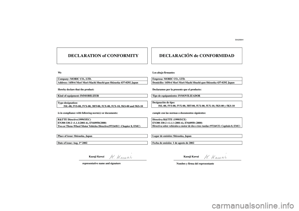 YAMAHA FZ6 S 2005 Manuale de Empleo (in Spanish) SAU26941
DECLARATION of CONFORMITY
We
Hereby declare that the product:
is in compliance with following norm(s) or documents: Type-designation:
5SL-00, 5VS-00, 5VX-00, 3HT-00, 5UX-00, 5UX-10, YAMAHA FZ6 S 2005 Manuale de Empleo (in Spanish) SAU26941
DECLARATION of CONFORMITY
We
Hereby declare that the product:
is in compliance with following norm(s) or documents: Type-designation:
5SL-00, 5VS-00, 5VX-00, 3HT-00, 5UX-00, 5UX-10,