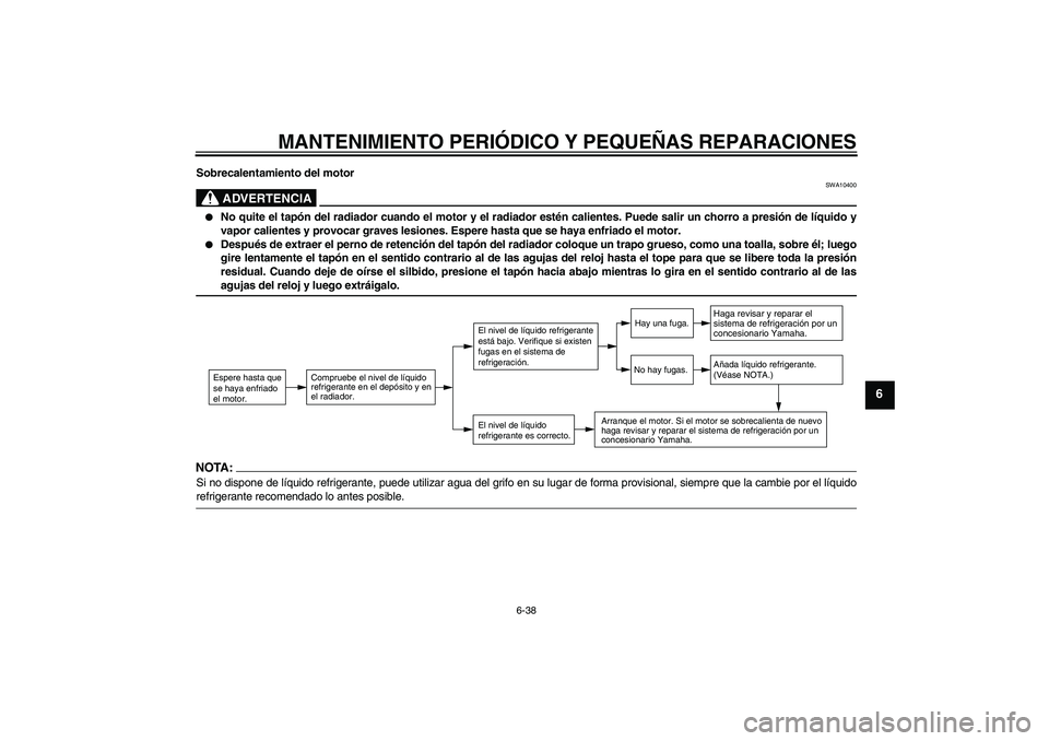YAMAHA FZ6 S 2005 Manuale de Empleo (in Spanish) MANTENIMIENTO PERIÓDICO Y PEQUEÑAS REPARACIONES
6-38
6
Sobrecalentamiento del motor
ADVERTENCIA
SWA10400
No quite el tapón del radiador cuando el motor y el radiador estén calientes. Puede salir YAMAHA FZ6 S 2005 Manuale de Empleo (in Spanish) MANTENIMIENTO PERIÓDICO Y PEQUEÑAS REPARACIONES
6-38
6
Sobrecalentamiento del motor
ADVERTENCIA
SWA10400
No quite el tapón del radiador cuando el motor y el radiador estén calientes. Puede salir