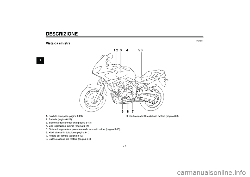 YAMAHA FZ6 S 2005  Manuale duso (in Italian) DESCRIZIONE
2-1
2
HAU10410
Vista da sinistra1. Fusibile principale (pagina 6-29)
2. Batteria (pagina 6-28)
3. Elemento del filtro dell’aria (pagina 6-13)
4. Vite regolazione minimo (pagina 6-14)
5. 
