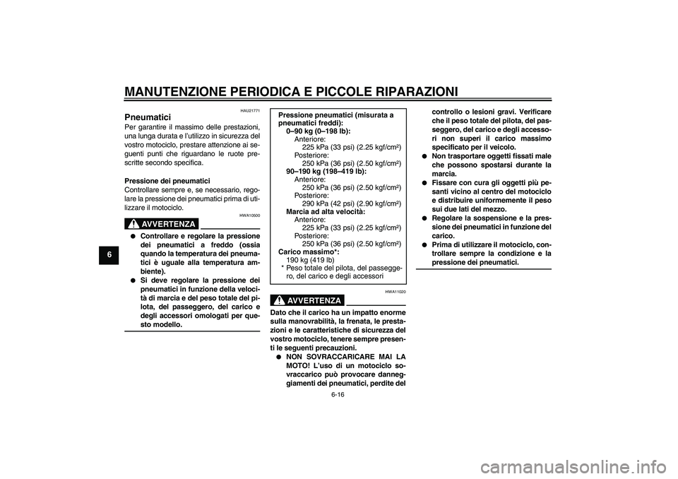 YAMAHA FZ6 S 2005 Manuale duso (in Italian) MANUTENZIONE PERIODICA E PICCOLE RIPARAZIONI
6-16
6
HAU21771
Pneumatici Per garantire il massimo delle prestazioni,
una lunga durata e l’utilizzo in sicurezza del
vostro motociclo, prestare attenzio YAMAHA FZ6 S 2005 Manuale duso (in Italian) MANUTENZIONE PERIODICA E PICCOLE RIPARAZIONI
6-16
6
HAU21771
Pneumatici Per garantire il massimo delle prestazioni,
una lunga durata e l’utilizzo in sicurezza del
vostro motociclo, prestare attenzio