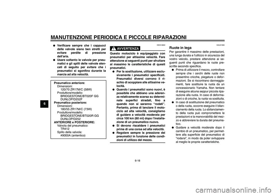 YAMAHA FZ6 S 2005 Manuale duso (in Italian) MANUTENZIONE PERIODICA E PICCOLE RIPARAZIONI
6-18
6
Verificare sempre che i cappucci
delle valvole siano ben stretti per
evitare perdite di pressione
dell’aria.
Usare soltanto le valvole per pne YAMAHA FZ6 S 2005 Manuale duso (in Italian) MANUTENZIONE PERIODICA E PICCOLE RIPARAZIONI
6-18
6
Verificare sempre che i cappucci
delle valvole siano ben stretti per
evitare perdite di pressione
dell’aria.
Usare soltanto le valvole per pne