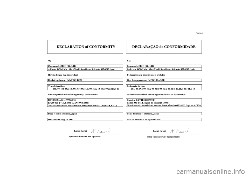 YAMAHA FZ6 S 2005  Manual de utilização (in Portuguese) PAU26941
DECLARATION of CONFORMITY
We
Hereby declare that the product:
is in compliance with following norm(s) or documents: Type-designation:
         5SL-00, 5VS-00, 5VX-00, 3HT-00, 5UX-00, 5UX-10, 