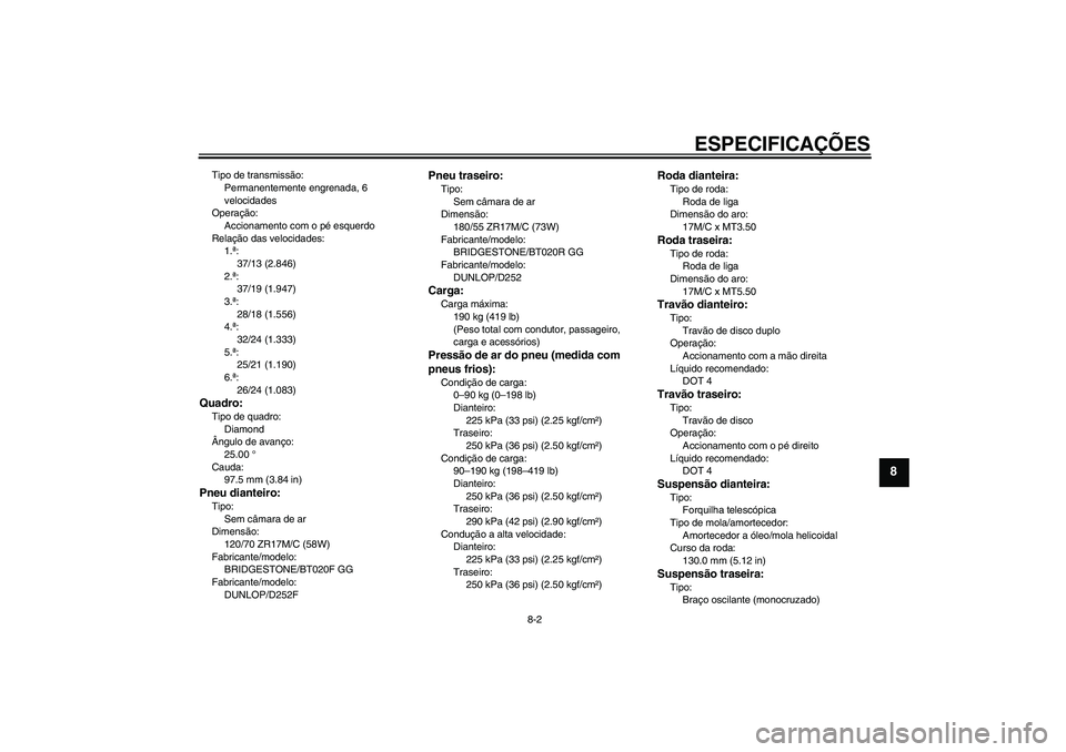 YAMAHA FZ6 S 2005  Manual de utilização (in Portuguese) ESPECIFICAÇÕES
8-2
8
Tipo de transmissão:
Permanentemente engrenada, 6 
velocidades
Operação:
Accionamento com o pé esquerdo
Relação das velocidades:
1.ª:
37/13 (2.846)
2.ª:
37/19 (1.947)
3.