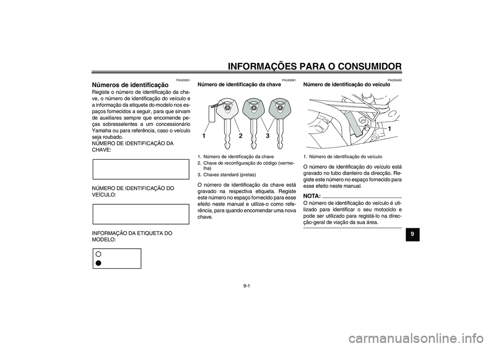 YAMAHA FZ6 S 2005  Manual de utilização (in Portuguese) INFORMAÇÕES PARA O CONSUMIDOR
9-1
9
PAU26351
Números de identificação Registe o número de identificação da cha-
ve, o número de identificação do veículo e
a informação da etiqueta do mod