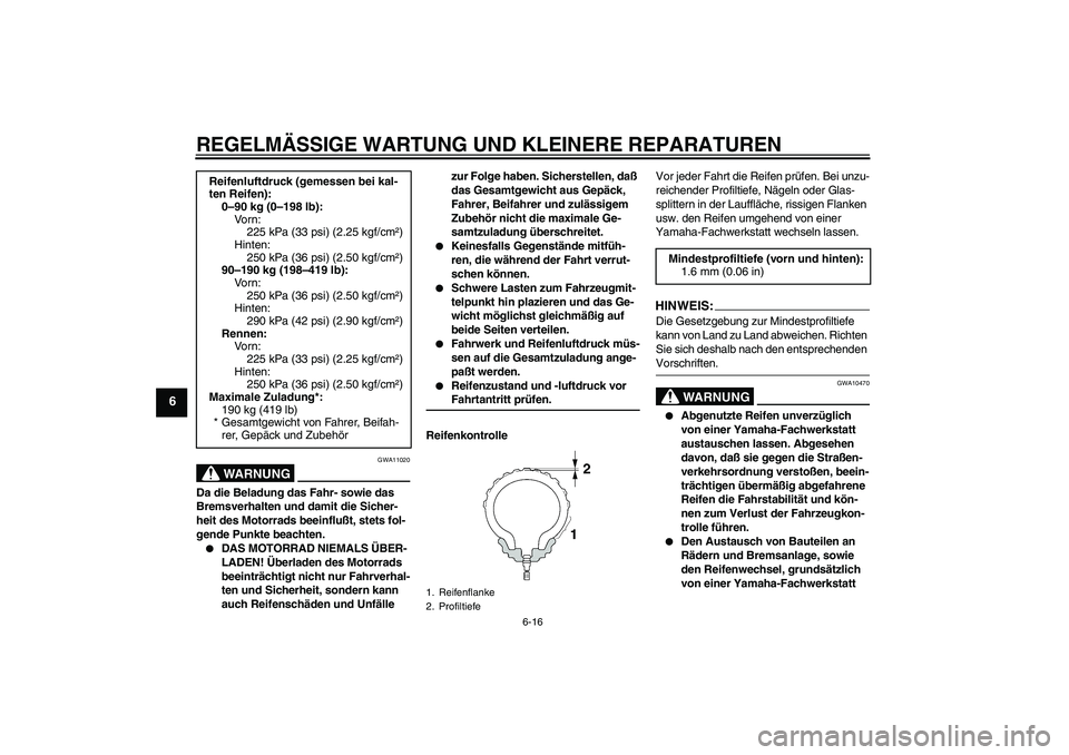 YAMAHA FZ6 S 2004 Betriebsanleitungen (in German) REGELMÄSSIGE WARTUNG UND KLEINERE REPARATUREN
6-16
6
WARNUNG
GWA11020
Da die Beladung das Fahr- sowie das
Bremsverhalten und damit die Sicher-
heit des Motorrads beeinflußt, stets fol-
gende Punkte YAMAHA FZ6 S 2004 Betriebsanleitungen (in German) REGELMÄSSIGE WARTUNG UND KLEINERE REPARATUREN
6-16
6
WARNUNG
GWA11020
Da die Beladung das Fahr- sowie das
Bremsverhalten und damit die Sicher-
heit des Motorrads beeinflußt, stets fol-
gende Punkte