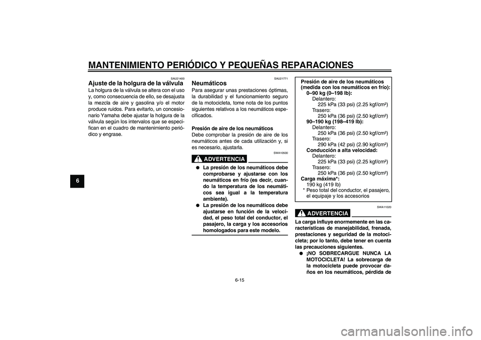 YAMAHA FZ6 S 2004 Manuale de Empleo (in Spanish) MANTENIMIENTO PERIÓDICO Y PEQUEÑAS REPARACIONES
6-15
6
SAU21400
Ajuste de la holgura de la válvula La holgura de la válvula se altera con el uso
y, como consecuencia de ello, se desajusta
la mezcl YAMAHA FZ6 S 2004 Manuale de Empleo (in Spanish) MANTENIMIENTO PERIÓDICO Y PEQUEÑAS REPARACIONES
6-15
6
SAU21400
Ajuste de la holgura de la válvula La holgura de la válvula se altera con el uso
y, como consecuencia de ello, se desajusta
la mezcl