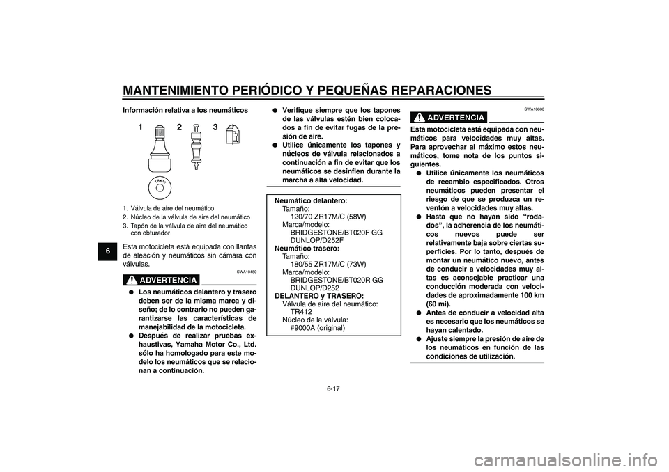 YAMAHA FZ6 S 2004 Manuale de Empleo (in Spanish) MANTENIMIENTO PERIÓDICO Y PEQUEÑAS REPARACIONES
6-17
6
Información relativa a los neumáticos
Esta motocicleta está equipada con llantas
de aleación y neumáticos sin cámara con
válvulas.
ADVER YAMAHA FZ6 S 2004 Manuale de Empleo (in Spanish) MANTENIMIENTO PERIÓDICO Y PEQUEÑAS REPARACIONES
6-17
6
Información relativa a los neumáticos
Esta motocicleta está equipada con llantas
de aleación y neumáticos sin cámara con
válvulas.
ADVER