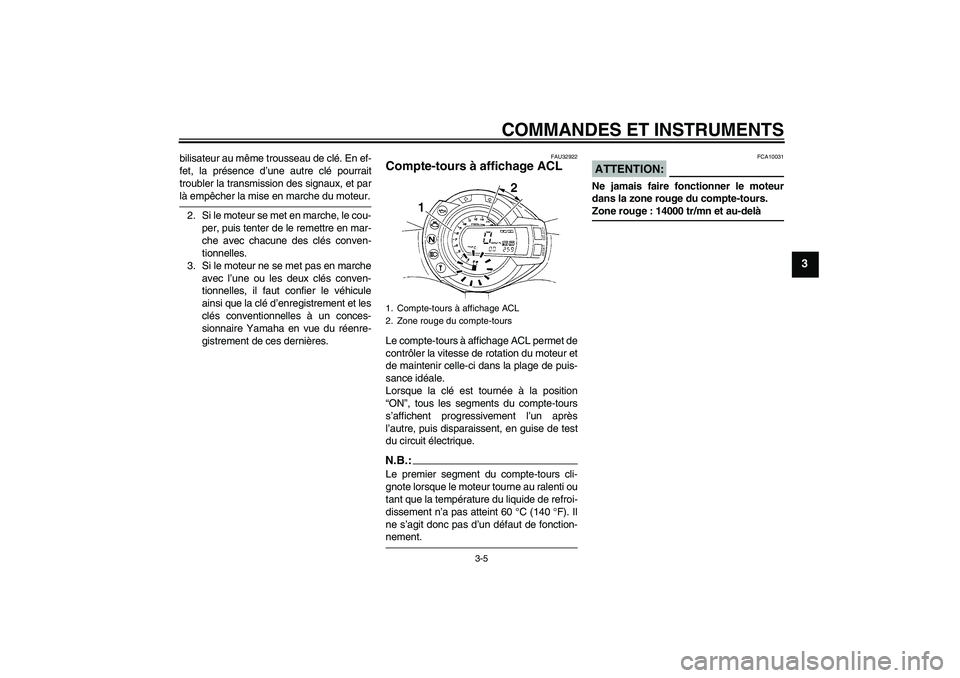 YAMAHA FZ6 S 2004 Notices Demploi (in French) COMMANDES ET INSTRUMENTS
3-5
3
bilisateur au même trousseau de clé. En ef-
fet, la présence d’une autre clé pourrait
troubler la transmission des signaux, et parlà empêcher la mise en marche d YAMAHA FZ6 S 2004 Notices Demploi (in French) COMMANDES ET INSTRUMENTS
3-5
3
bilisateur au même trousseau de clé. En ef-
fet, la présence d’une autre clé pourrait
troubler la transmission des signaux, et parlà empêcher la mise en marche d