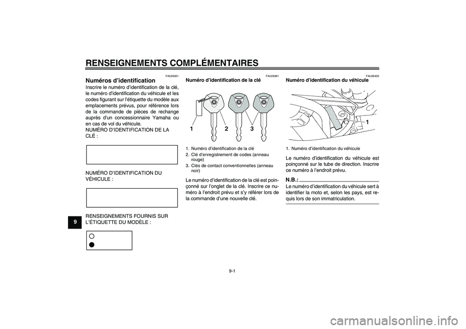 YAMAHA FZ6 S 2004  Notices Demploi (in French) RENSEIGNEMENTS COMPLÉMENTAIRES
9-1
9
FAU26351
Numéros d’identification Inscrire le numéro d’identification de la clé,
le numéro d’identification du véhicule et les
codes figurant sur l’