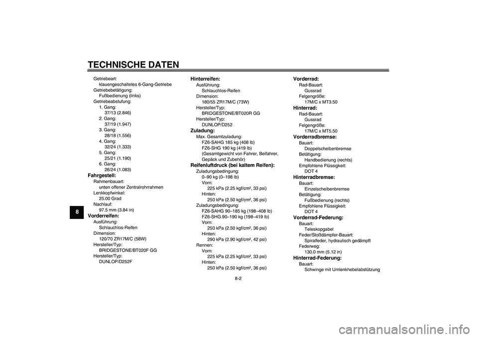 YAMAHA FZ6 SHG 2009  Betriebsanleitungen (in German) TECHNISCHE DATEN
8-2
8
Getriebeart:
klauengeschaltetes 6-Gang-Getriebe
Getriebebetätigung:
Fußbedienung (links)
Getriebeabstufung:
1. Gang:
37/13 (2.846)
2. Gang:
37/19 (1.947)
3. Gang:
28/18 (1.556