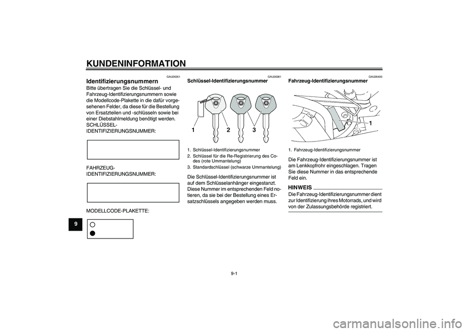 YAMAHA FZ6 SHG 2009  Betriebsanleitungen (in German) KUNDENINFORMATION
9-1
9
GAU26351
Identifizierungsnummern Bitte übertragen Sie die Schlüssel- und 
Fahrzeug-Identifizierungsnummern sowie 
die Modellcode-Plakette in die dafür vorge-
sehenen Felder,