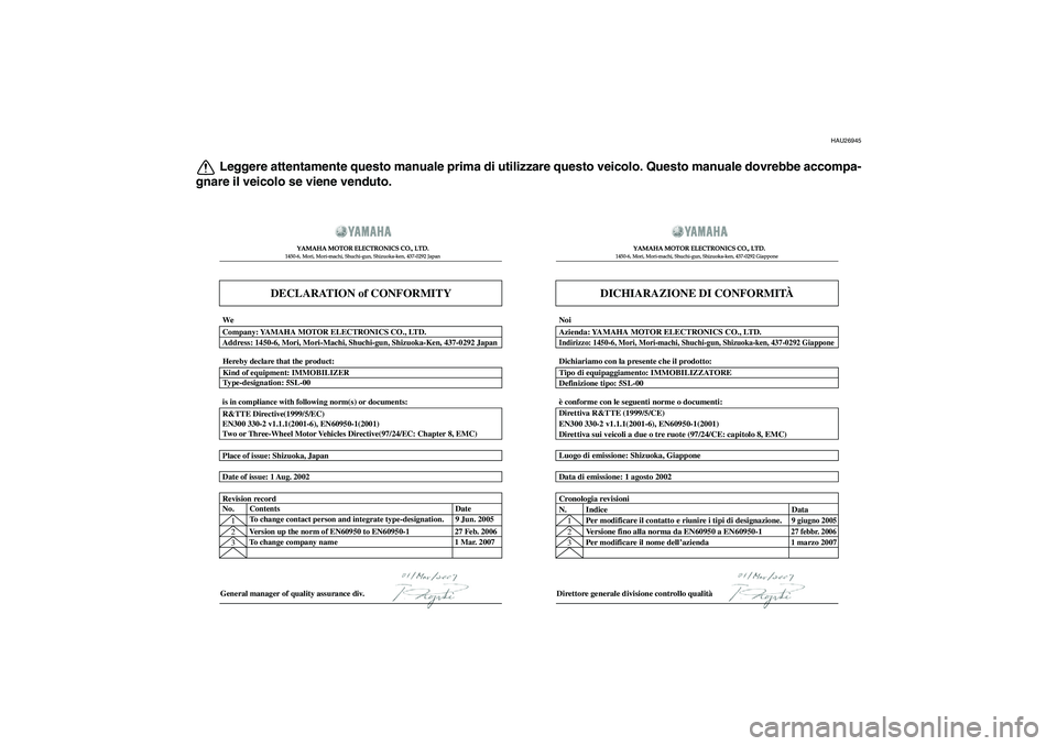 YAMAHA FZ6 SHG 2009 Manuale duso (in Italian) HAU26945
Leggere attentamente questo manuale prima di utilizzare questo veicolo. Questo manuale dovrebbe accompa-
gnare il veicolo se viene venduto.
DECLARATION of CONFORMITY
YAMAHA MOTOR ELECTRONICS YAMAHA FZ6 SHG 2009 Manuale duso (in Italian) HAU26945
Leggere attentamente questo manuale prima di utilizzare questo veicolo. Questo manuale dovrebbe accompa-
gnare il veicolo se viene venduto.
DECLARATION of CONFORMITY
YAMAHA MOTOR ELECTRONICS