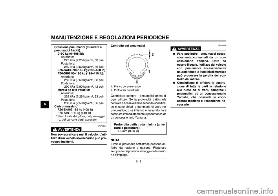 YAMAHA FZ6 SHG 2009 Manuale duso (in Italian) MANUTENZIONE E REGOLAZIONI PERIODICHE
6-19
6
AVVERTENZA
HWA10511
Non sovraccaricare mai il veicolo. L’uti-
lizzo di un veicolo sovraccarico può pro-vocare incidenti.Controllo dei pneumatici
Control YAMAHA FZ6 SHG 2009 Manuale duso (in Italian) MANUTENZIONE E REGOLAZIONI PERIODICHE
6-19
6
AVVERTENZA
HWA10511
Non sovraccaricare mai il veicolo. L’uti-
lizzo di un veicolo sovraccarico può pro-vocare incidenti.Controllo dei pneumatici
Control