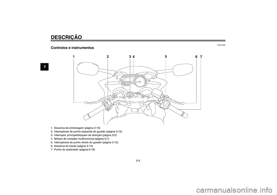 YAMAHA FZ6 SHG 2009  Manual de utilização (in Portuguese) DESCRIÇÃO
2-3
2
PAU10430
Controlos e instrumentos1. Alavanca da embraiagem (página 3-13)
2. Interruptores do punho esquerdo do guiador (página 3-12)
3. Interruptor principal/bloqueio da direcção