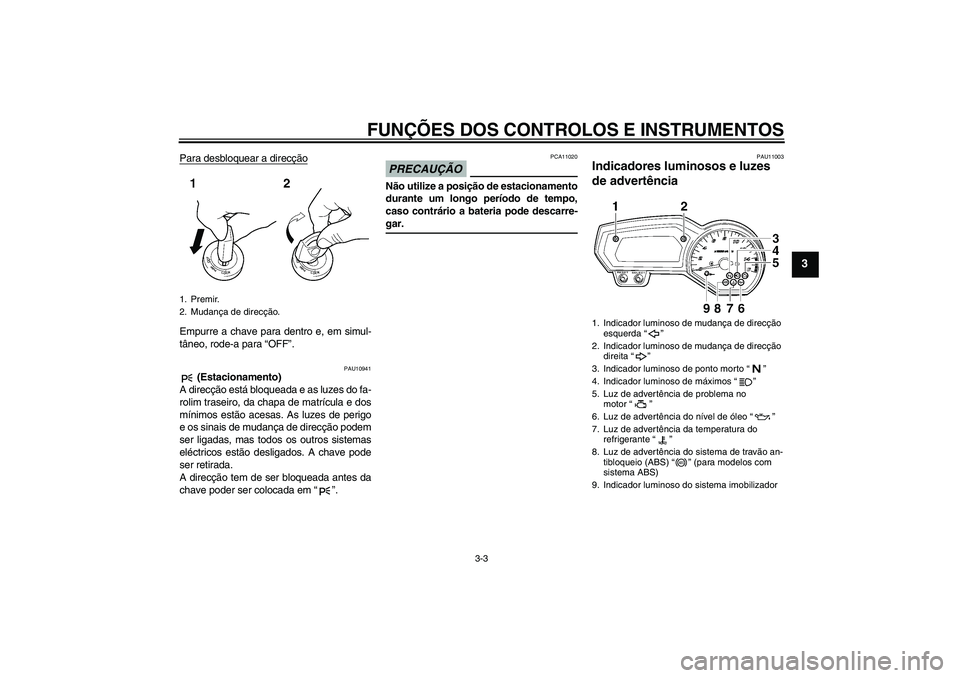 YAMAHA FZ6 SHG 2009  Manual de utilização (in Portuguese) FUNÇÕES DOS CONTROLOS E INSTRUMENTOS
3-3
3
Para desbloquear a direcçãoEmpurre a chave para dentro e, em simul-
tâneo, rode-a para “OFF”.
PAU10941
 (Estacionamento)
A direcção está bloquead