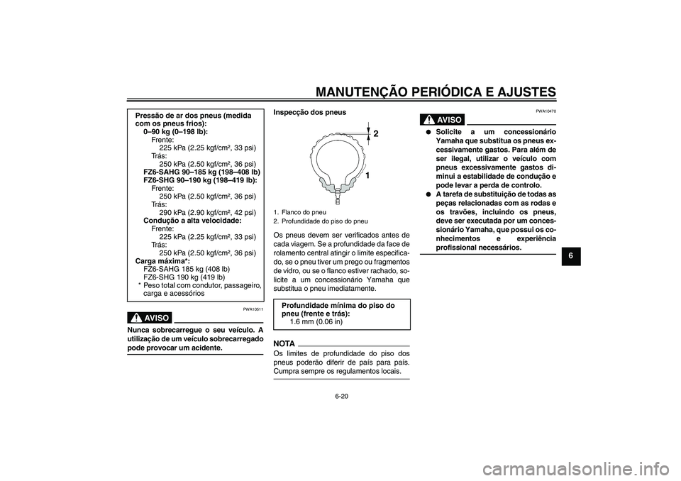 YAMAHA FZ6 SHG 2009  Manual de utilização (in Portuguese) MANUTENÇÃO PERIÓDICA E AJUSTES
6-20
6
AV I S O
PWA10511
Nunca sobrecarregue o seu veículo. A
utilização de um veículo sobrecarregadopode provocar um acidente.Inspecção dos pneus
Os pneus deve