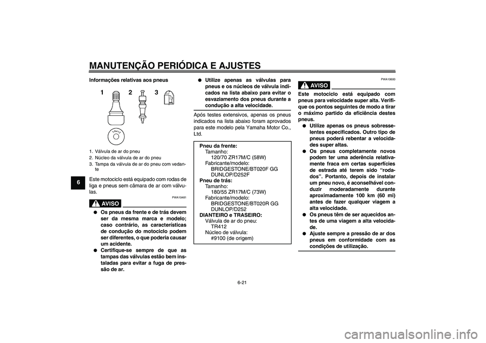 YAMAHA FZ6 SHG 2009  Manual de utilização (in Portuguese) MANUTENÇÃO PERIÓDICA E AJUSTES
6-21
6
Informações relativas aos pneus
Este motociclo está equipado com rodas de
liga e pneus sem câmara de ar com válvu-
las.
AV I S O
PWA10481

Os pneus da fr