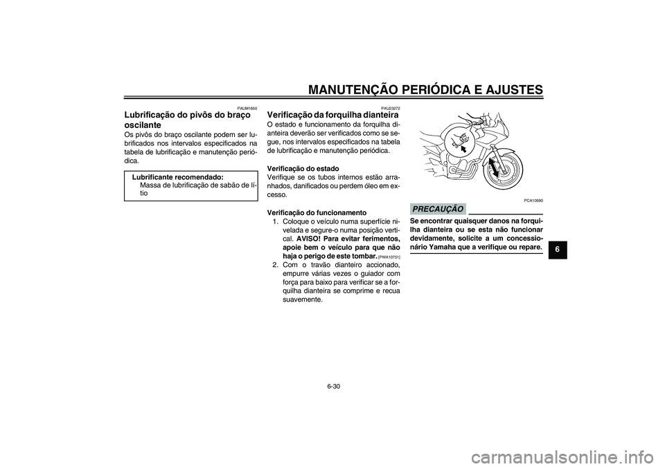 YAMAHA FZ6 SHG 2009  Manual de utilização (in Portuguese) MANUTENÇÃO PERIÓDICA E AJUSTES
6-30
6
PAUM1650
Lubrificação do pivôs do braço 
oscilante Os pivôs do braço oscilante podem ser lu-
brificados nos intervalos especificados na
tabela de lubrifi