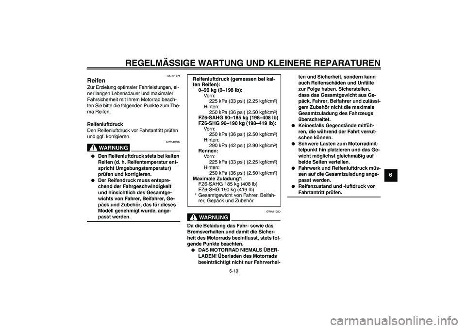 YAMAHA FZ6 SHG 2008 Betriebsanleitungen (in German) REGELMÄSSIGE WARTUNG UND KLEINERE REPARATUREN
6-19
6
GAU21771
Reifen Zur Erzielung optimaler Fahrleistungen, ei-
ner langen Lebensdauer und maximaler
Fahrsicherheit mit Ihrem Motorrad beach-
ten Sie YAMAHA FZ6 SHG 2008 Betriebsanleitungen (in German) REGELMÄSSIGE WARTUNG UND KLEINERE REPARATUREN
6-19
6
GAU21771
Reifen Zur Erzielung optimaler Fahrleistungen, ei-
ner langen Lebensdauer und maximaler
Fahrsicherheit mit Ihrem Motorrad beach-
ten Sie