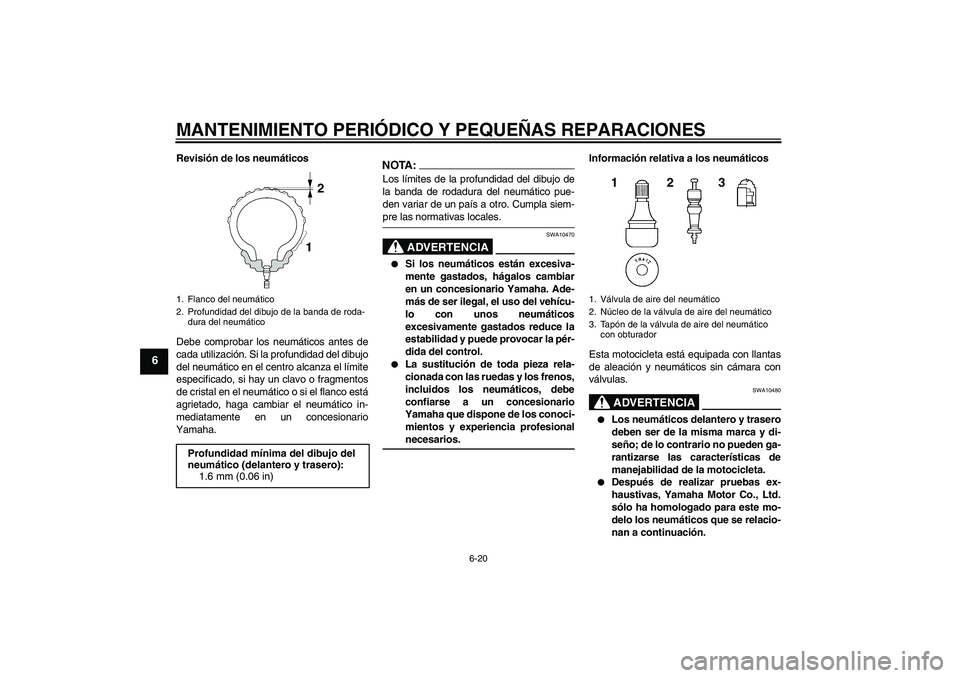 YAMAHA FZ6 SHG 2008 Manuale de Empleo (in Spanish) MANTENIMIENTO PERIÓDICO Y PEQUEÑAS REPARACIONES
6-20
6
Revisión de los neumáticos
Debe comprobar los neumáticos antes de
cada utilización. Si la profundidad del dibujo
del neumático en el centr YAMAHA FZ6 SHG 2008 Manuale de Empleo (in Spanish) MANTENIMIENTO PERIÓDICO Y PEQUEÑAS REPARACIONES
6-20
6
Revisión de los neumáticos
Debe comprobar los neumáticos antes de
cada utilización. Si la profundidad del dibujo
del neumático en el centr